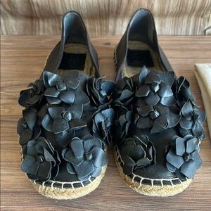 Tory Burch Blossom Leather Espadrille Black Flower Slip On Shoe Women’s Size 10